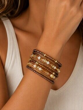 Stacked Gold And Amber Memory Wire Wrap Bracelet Hand Crafted